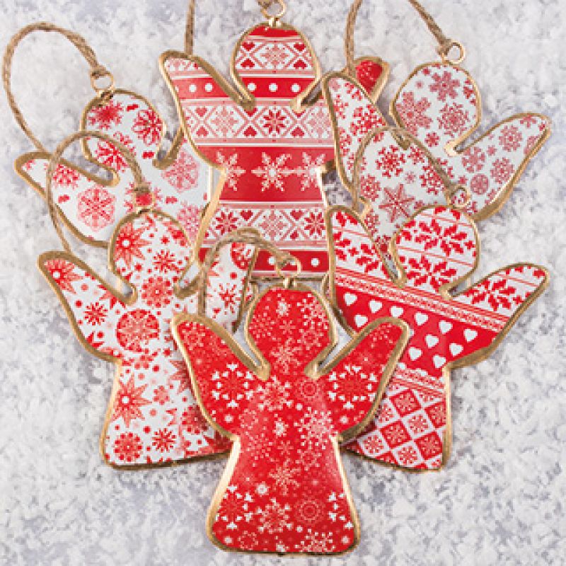 Red & White Printed Tin Angel Decoration 8.5 x 10.5cm