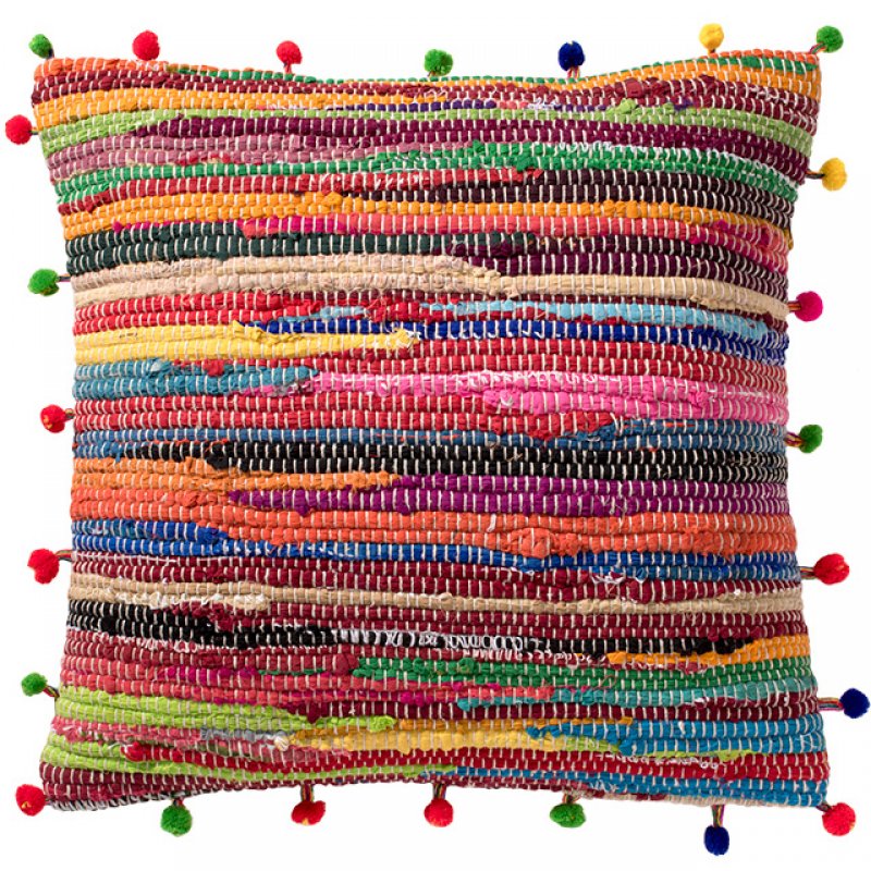 Recycled Rag Rug Cushion with Pom Poms